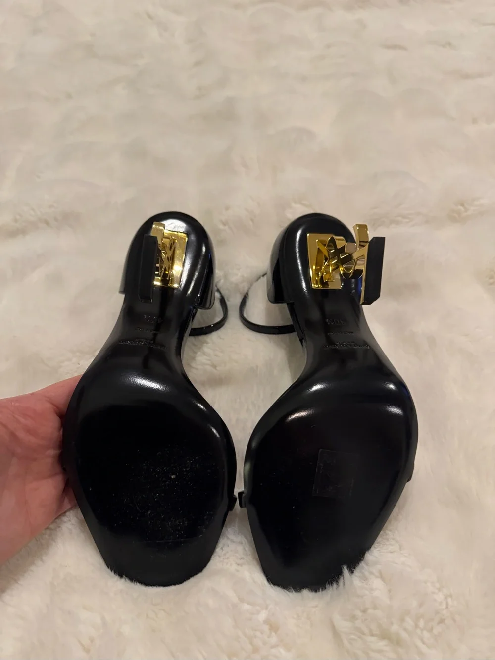 Saint Laurent Black Patent Heels with Gold YSL Logo Heel - Picture 4 of 5